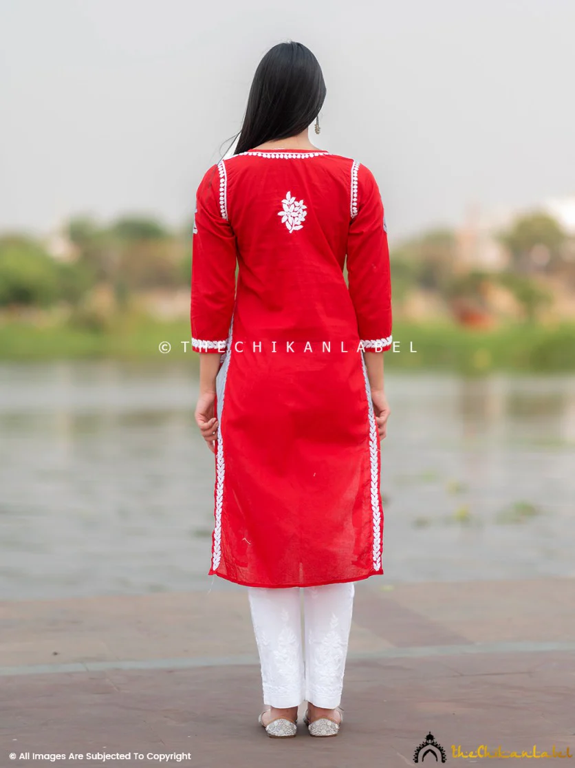 Saba Cotton Chikankari Straight Kurti- Red - Image 2
