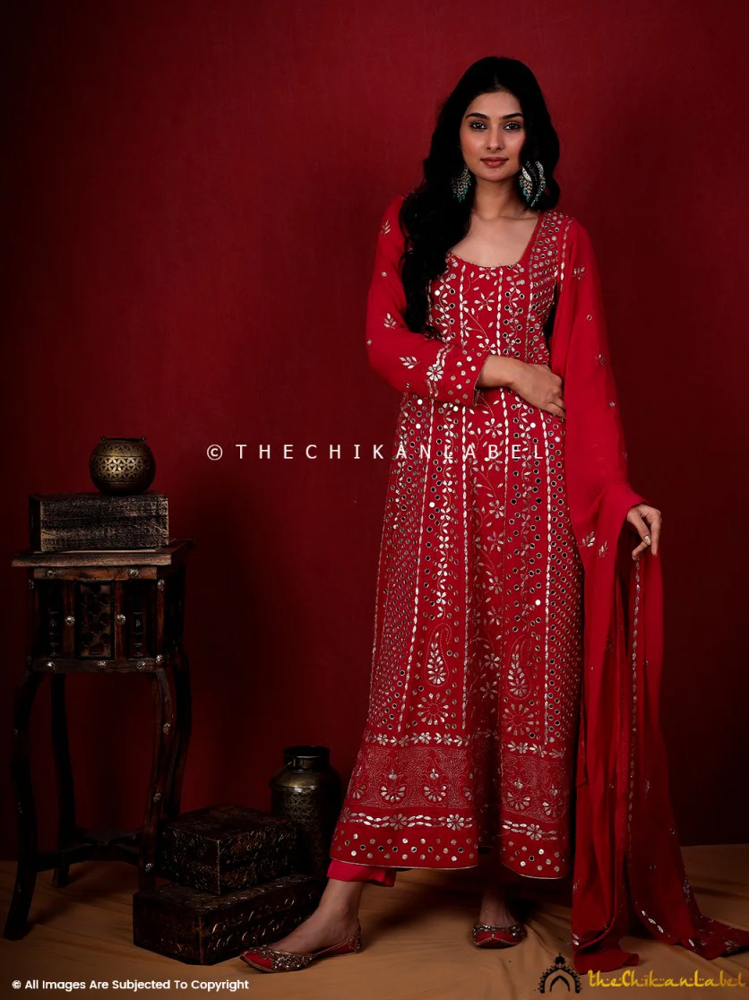 Red Sufiya Viscose Chikankari Anarkali