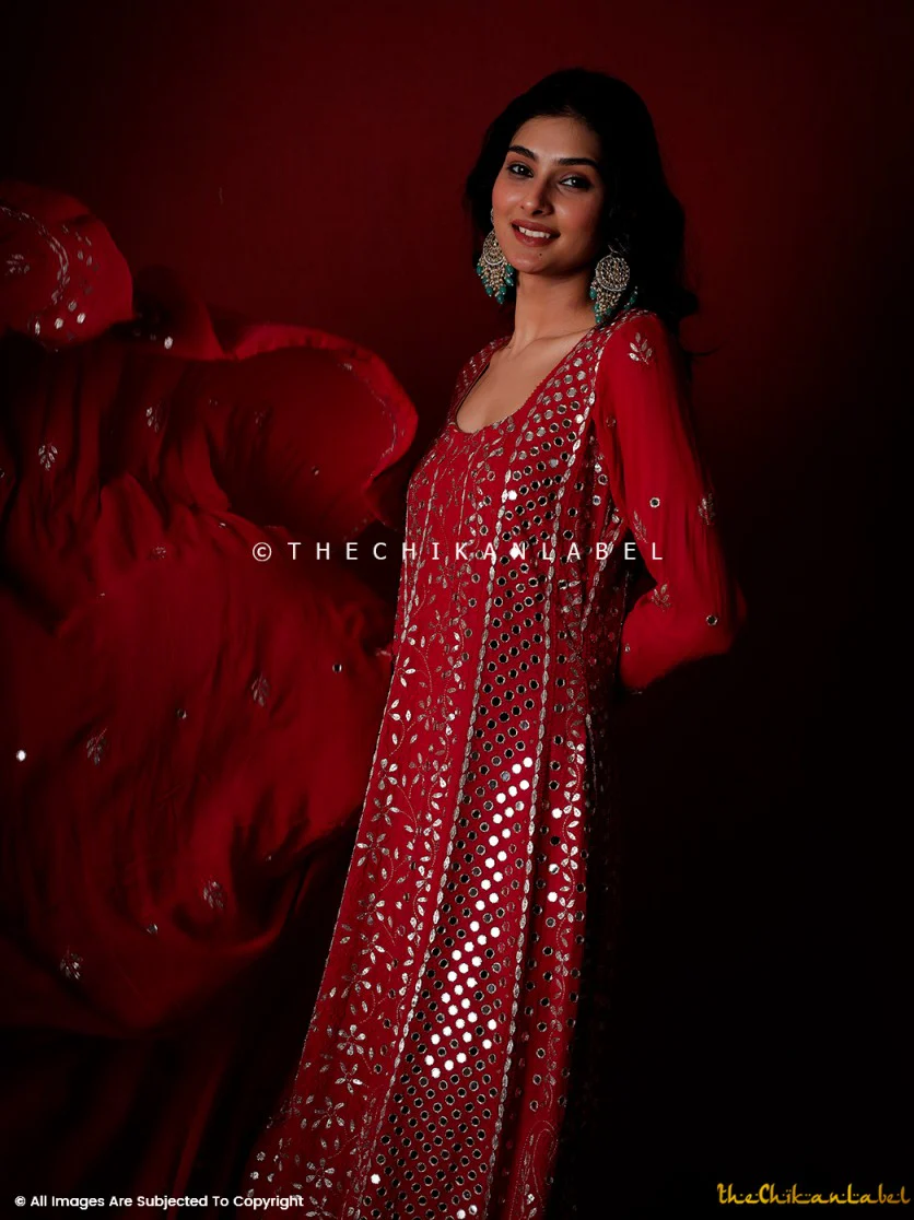 Red Sufiya Viscose Chikankari Anarkali - Image 2