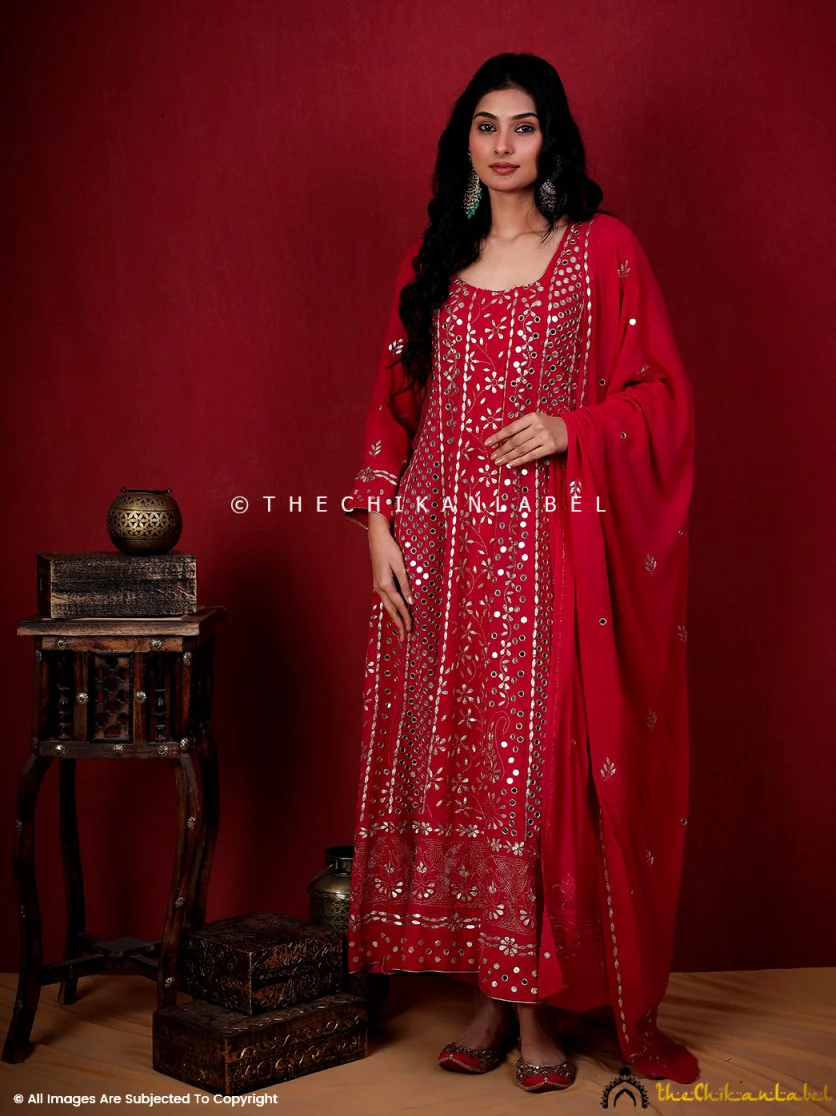 Red Sufiya Viscose Chikankari Anarkali - Image 3