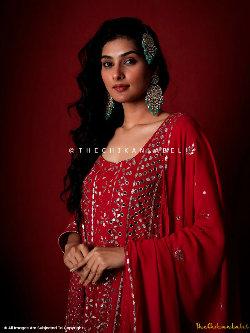 Red Sufiya Viscose Chikankari Anarkali - Image 4