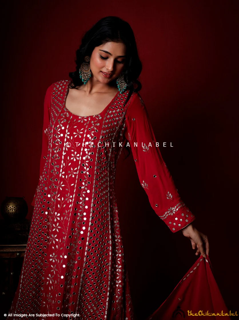 Red Sufiya Viscose Chikankari Anarkali - Image 7
