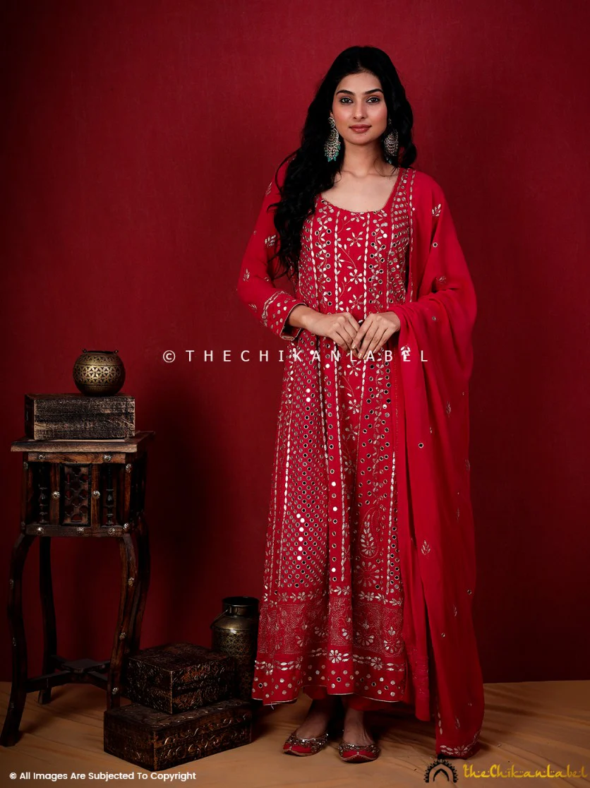 Red Sufiya Viscose Chikankari Anarkali - Image 8