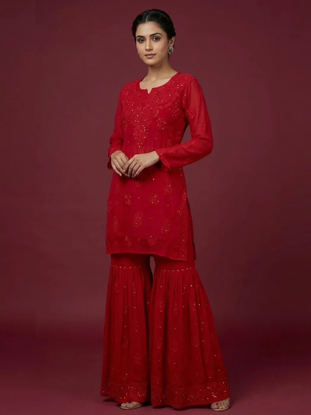 Red Viscose Chikankari Kurta Garara Set