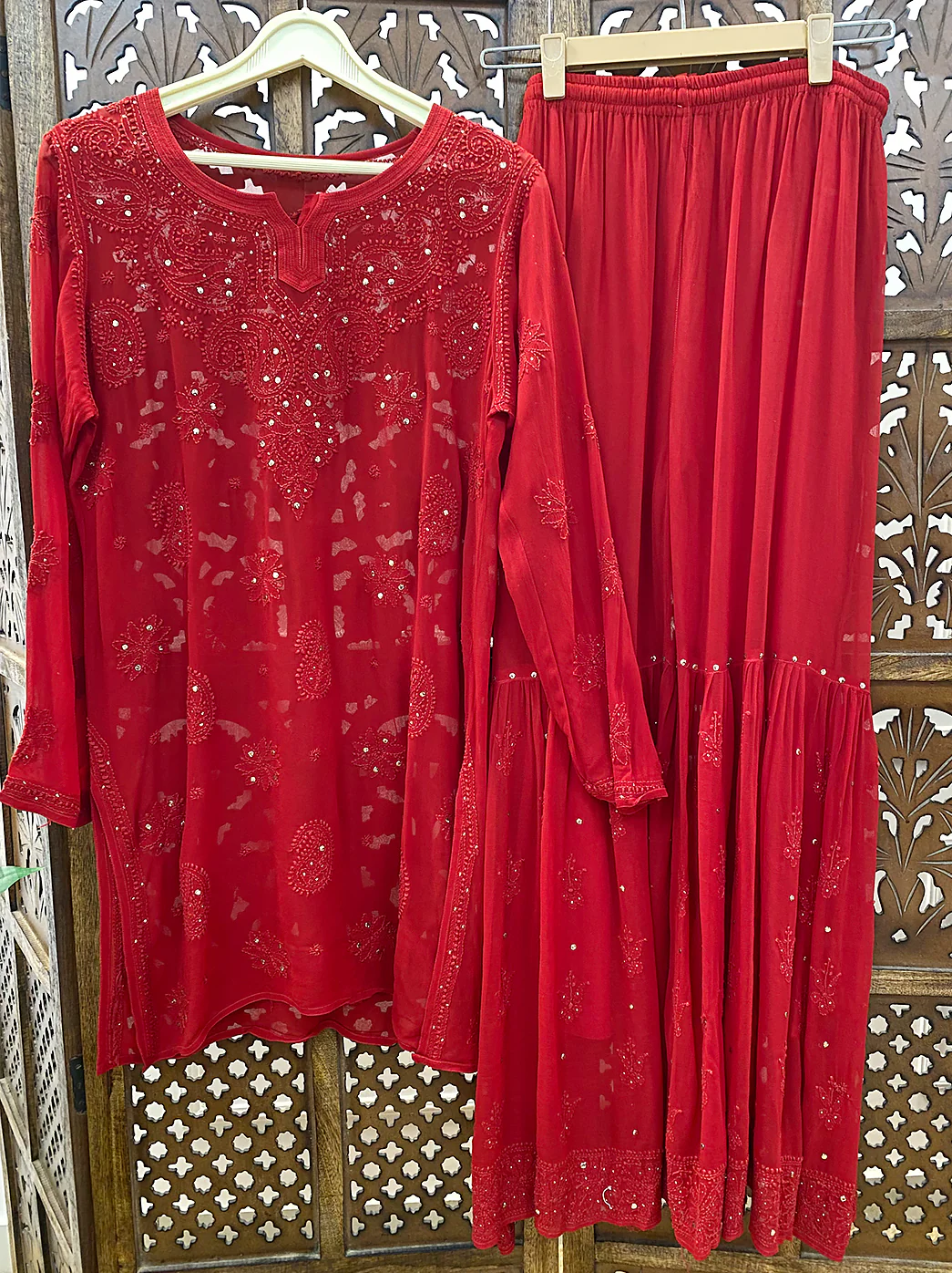 Red Viscose Chikankari Kurta Garara Set - Image 2