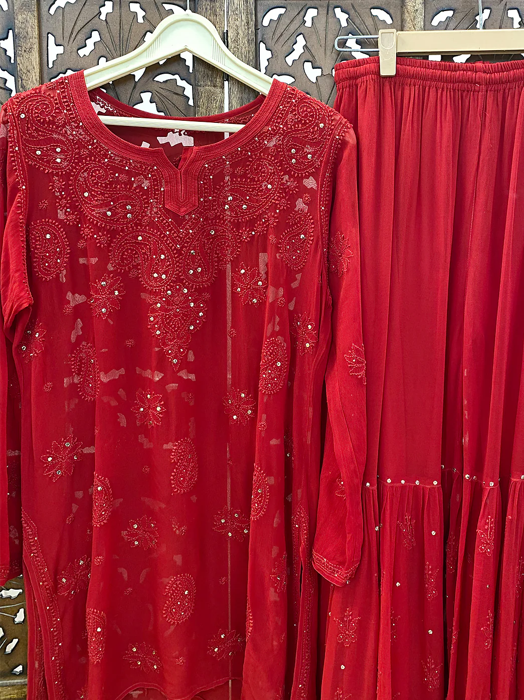 Red Viscose Chikankari Kurta Garara Set - Image 3