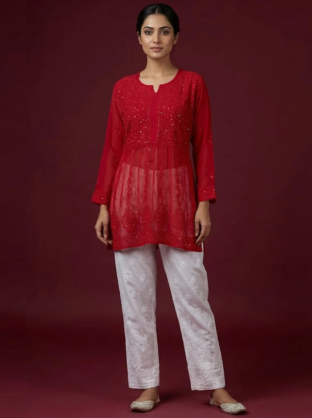 Red Viscose Chikankari Short Kurti