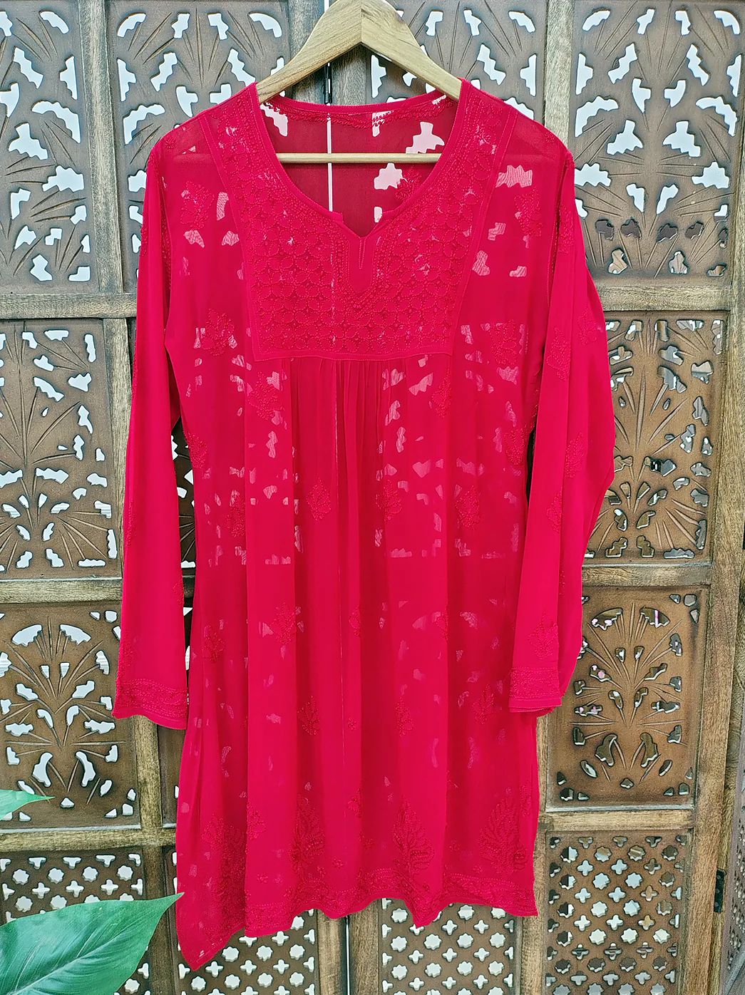 Red Viscose Chikankari Short Kurti - Image 2