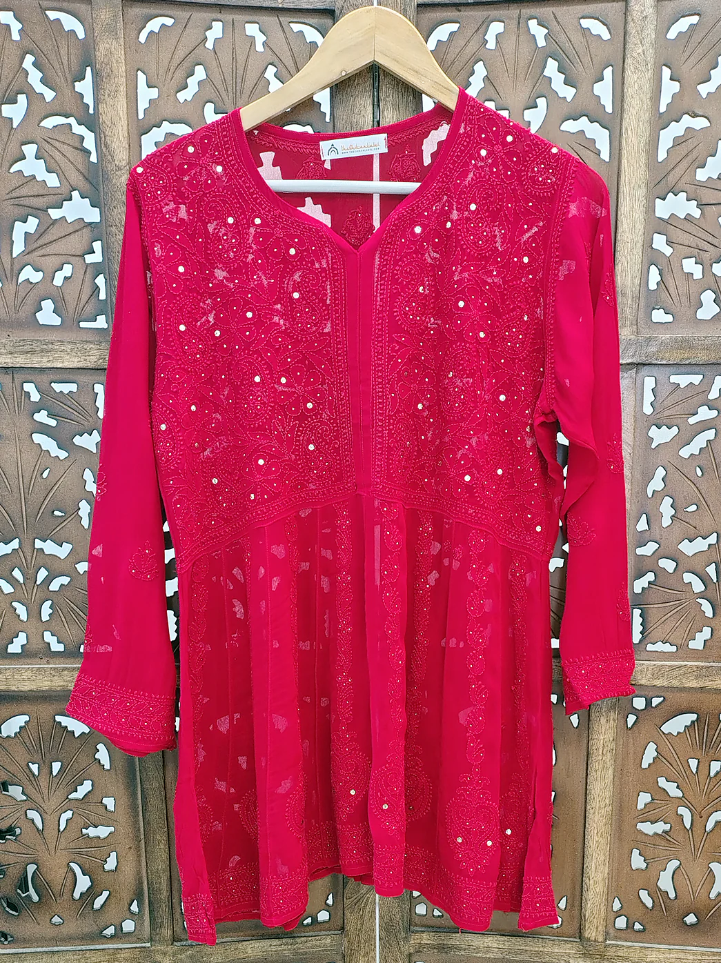 Red Viscose Chikankari Short Kurti - Image 2