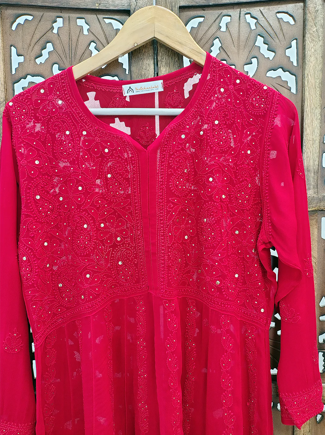 Red Viscose Chikankari Short Kurti - Image 3