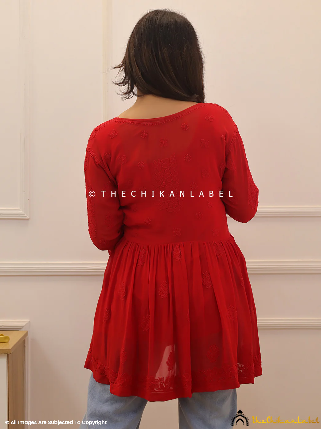 Red Viscose Chikankari Short Top - Image 3