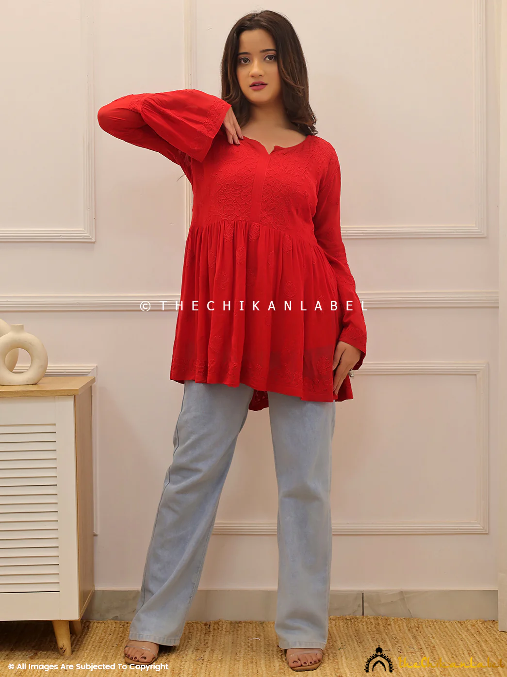 Red Viscose Chikankari Short Top - Image 4