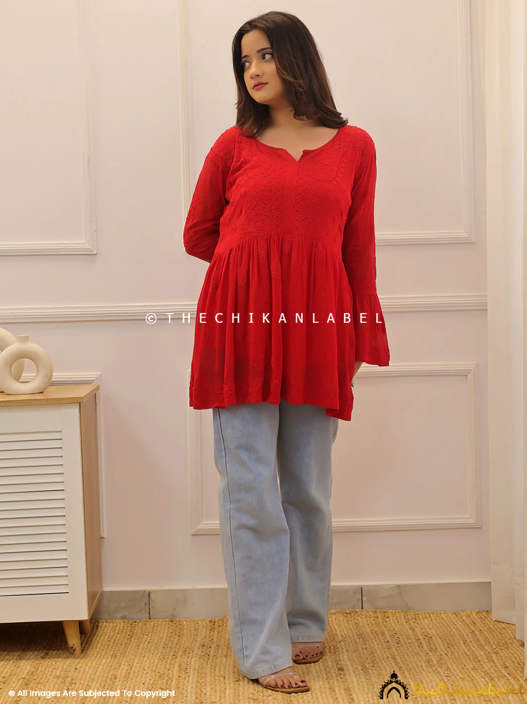 Red Viscose Chikankari Short Top - Image 5