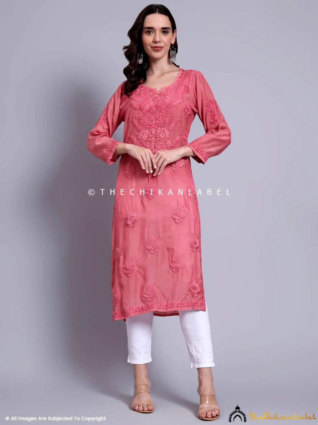 Sama Muslin Chikankari Straight Kurti - Rose Pink