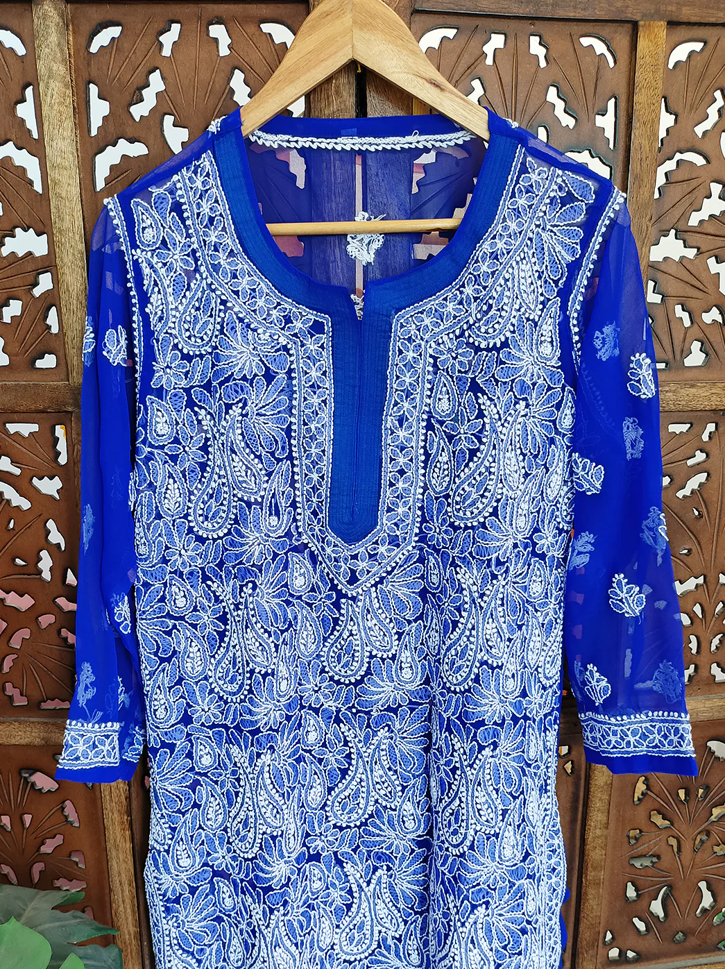 Royal Blue Georgette Chikankari Straight Kurti - Image 3