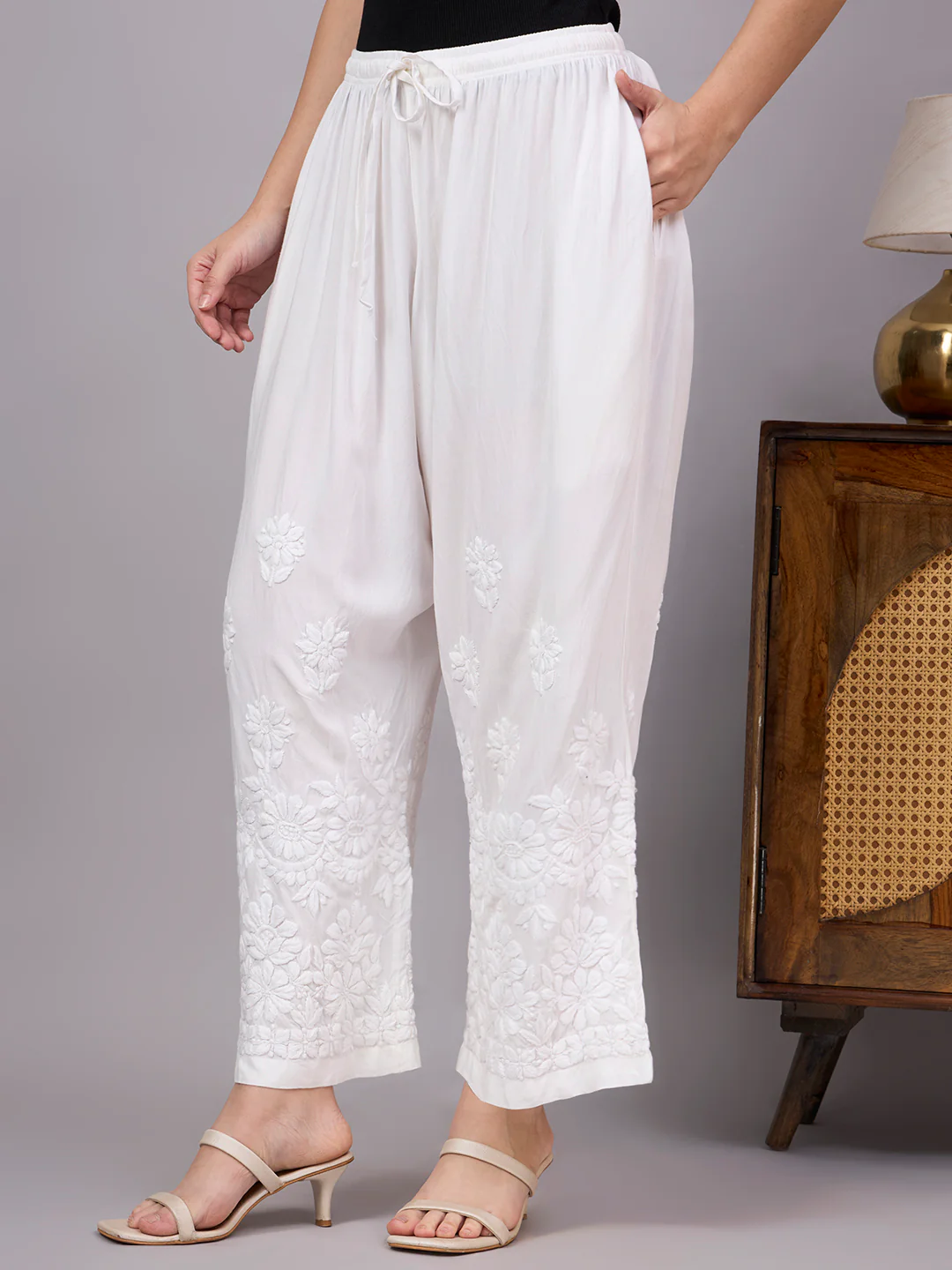 Ruveena Rayon Chikankari Straight Palazzo - White - Image 5