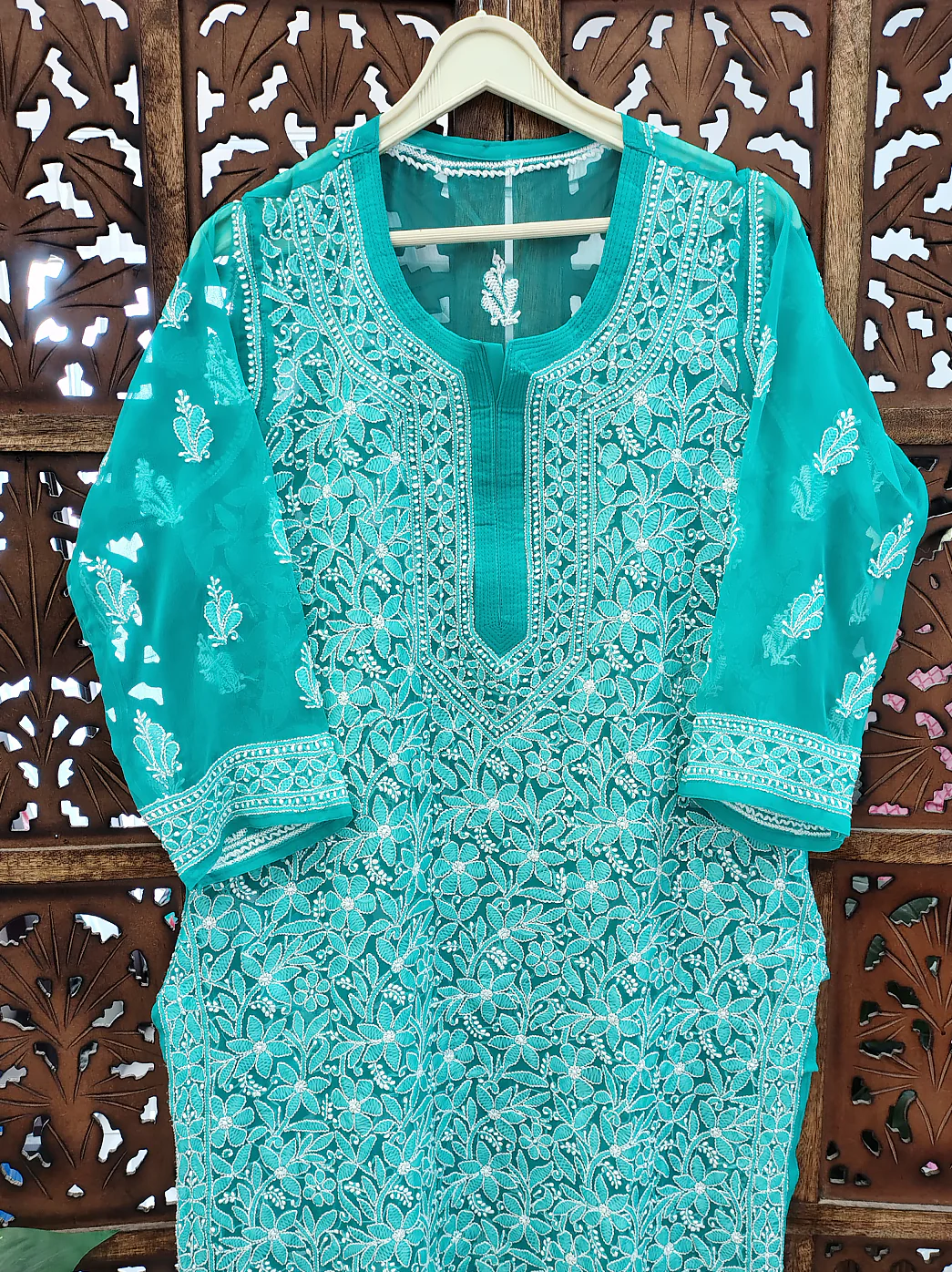 Sea Green Georgette Chikankari Straight Kurti - Image 3