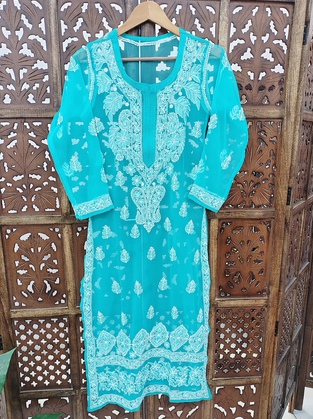 Sea Green Georgette Chikankari Straight Kurti - Image 2