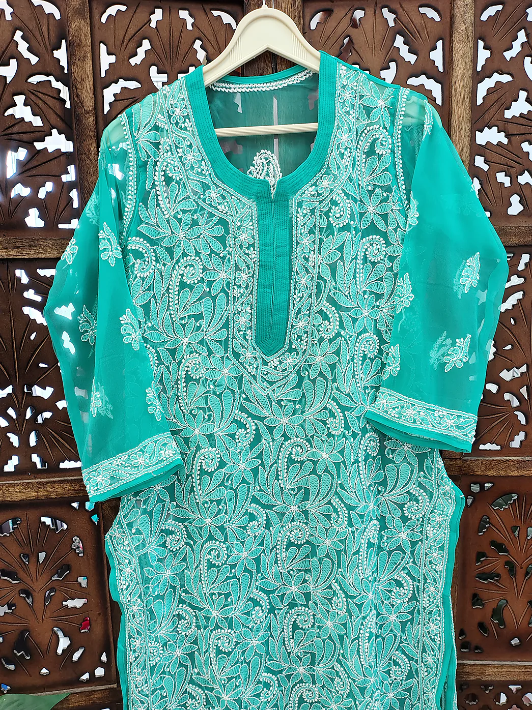 Sea Green Georgette Chikankari Straight Kurti - Image 3