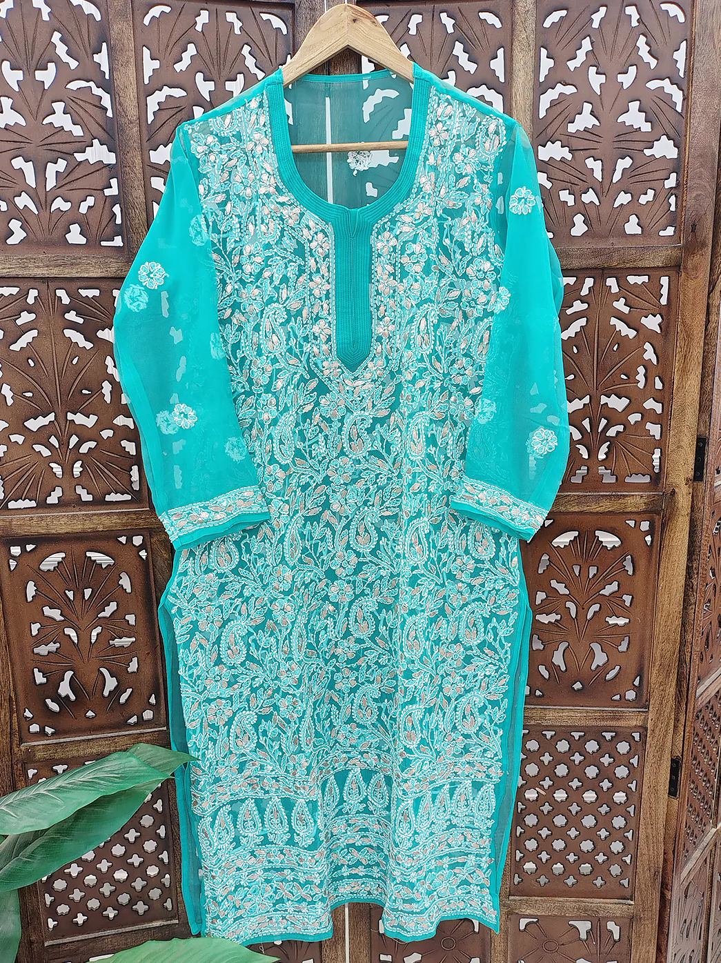 Sea Green Georgette Chikankari Straight Kurti - Image 2