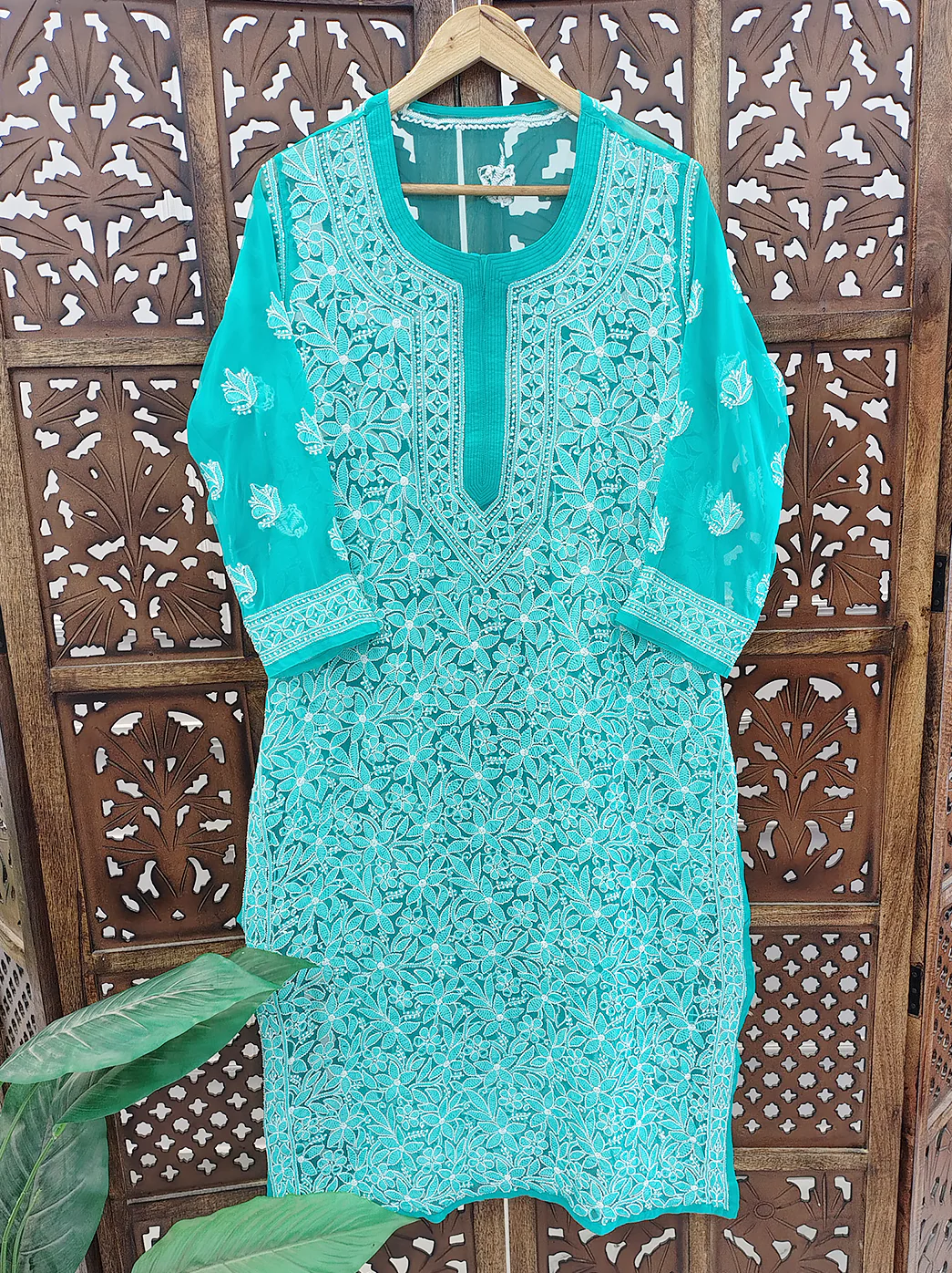 Sea Green Georgette Chikankari Straight Kurti - Image 2