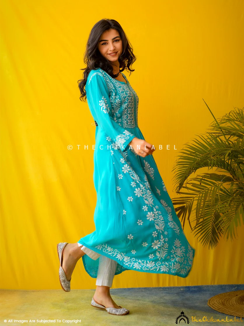 Sea Green Zinia Modal Chikankari A-Line Kurti - Image 4