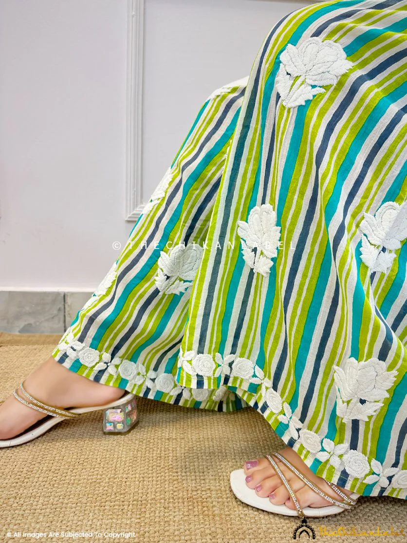 Shams Green Mulmul Cotton Single Layer Chikankari Garara