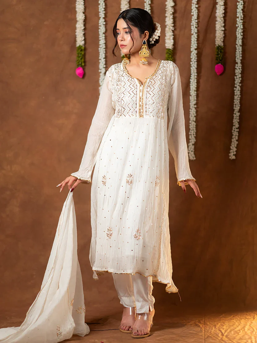 Shanaya Mul Chanderi Chikankari Kurta Set - White
