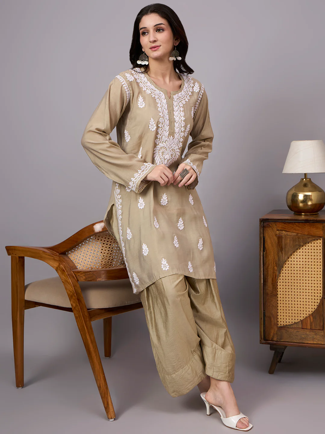 Sharvi Chanderi Chikankari Kurta Farshi Salwar Set - Mehndi Green - Image 6