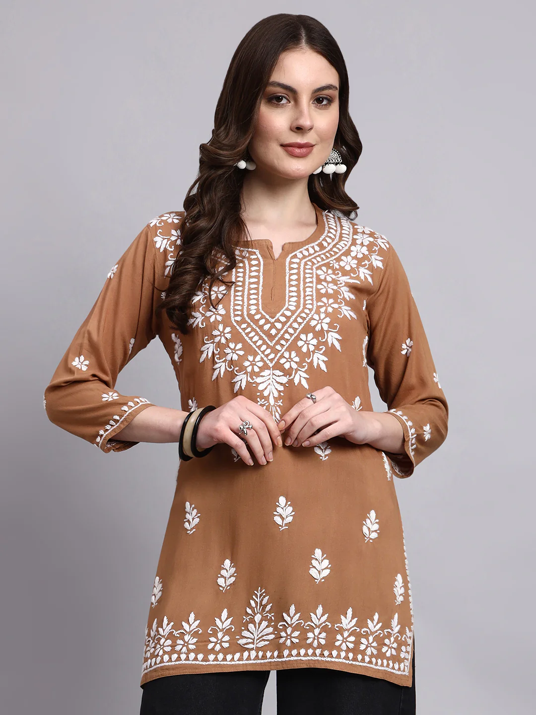 Siara Rayon Chikankari Short Kurta - Beige