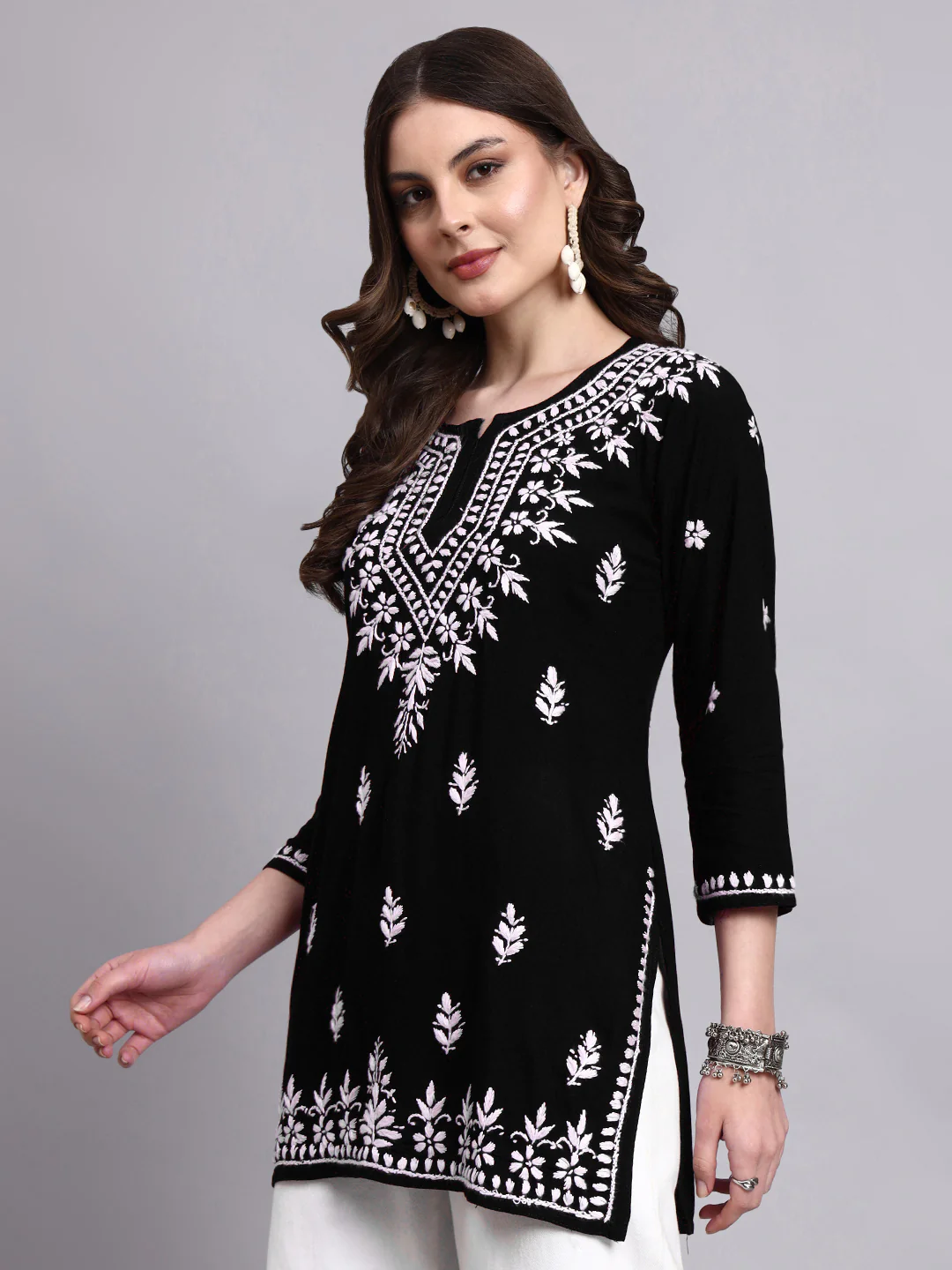 Siara Rayon Chikankari Short Kurta - Black - Image 4
