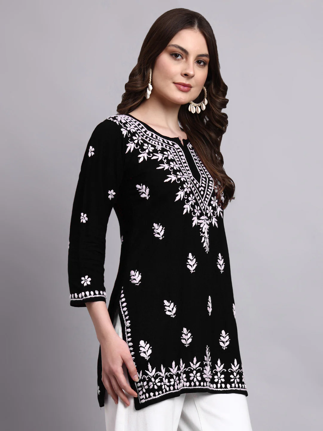 Siara Rayon Chikankari Short Kurta - Black - Image 5