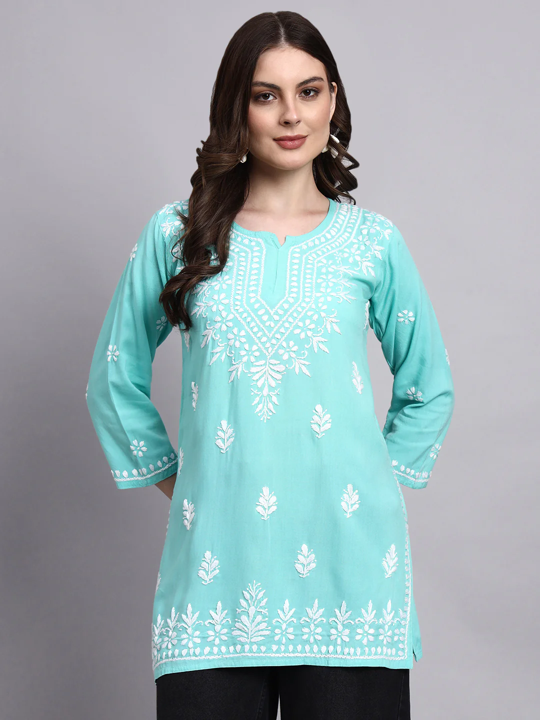 Siara Rayon Chikankari Short Kurta - Sea Green