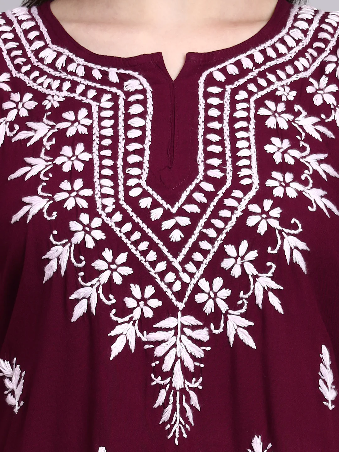 Siara Rayon Chikankari Short Kurta - Wine - Image 2