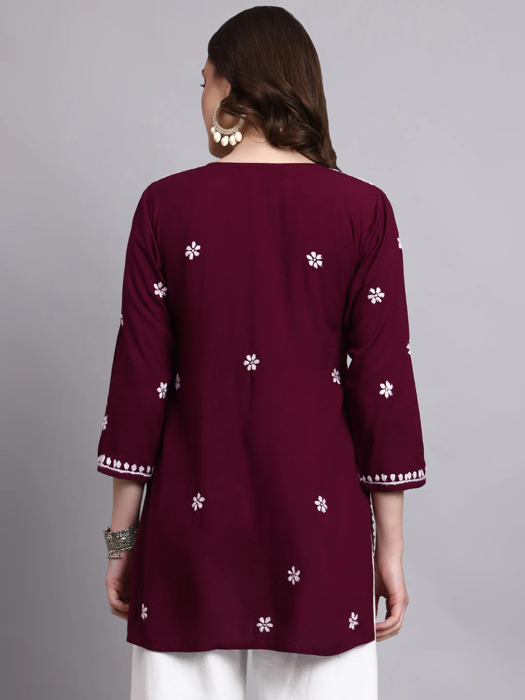 Siara Rayon Chikankari Short Kurta - Wine - Image 3
