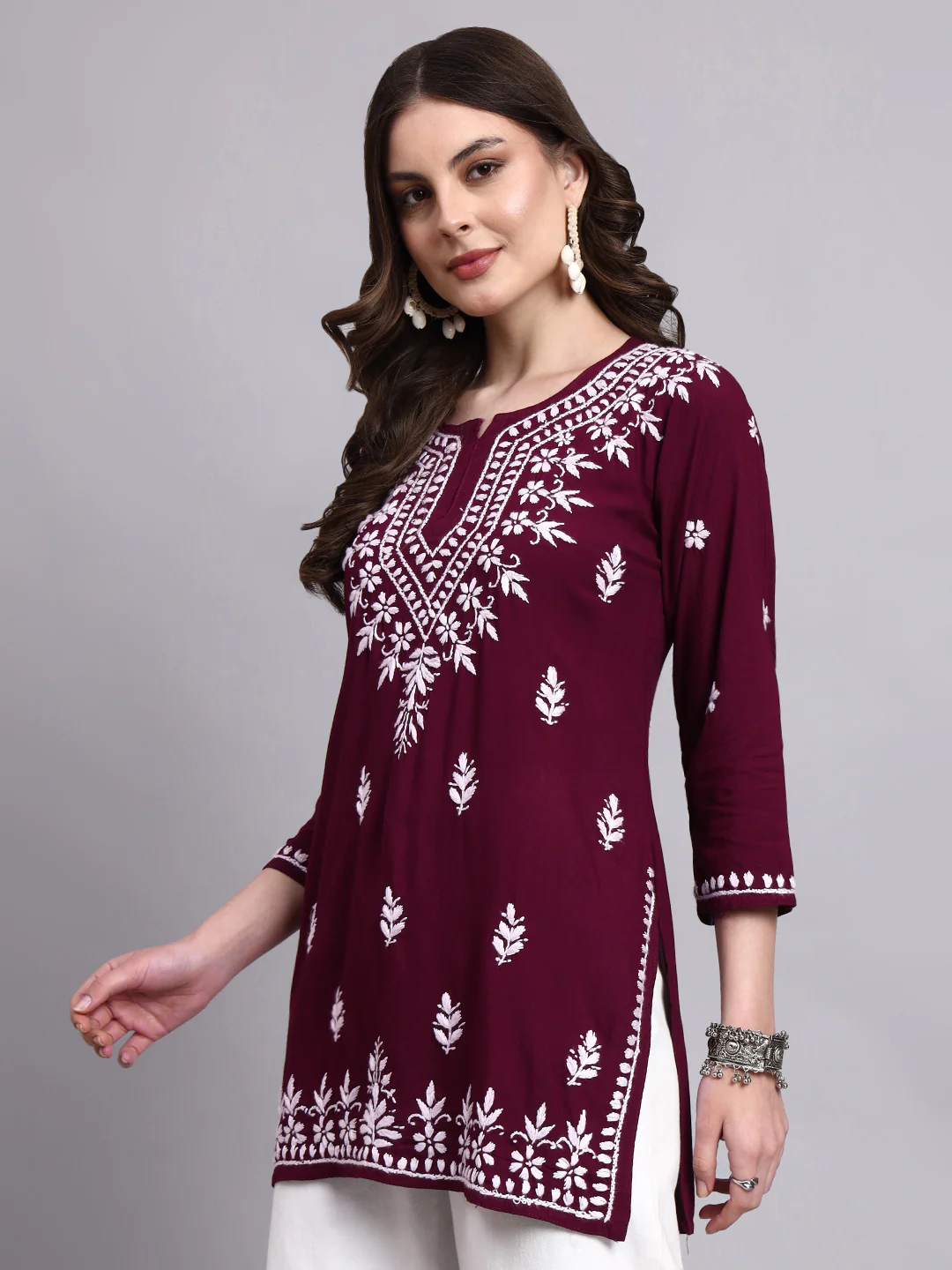 Siara Rayon Chikankari Short Kurta - Wine - Image 4