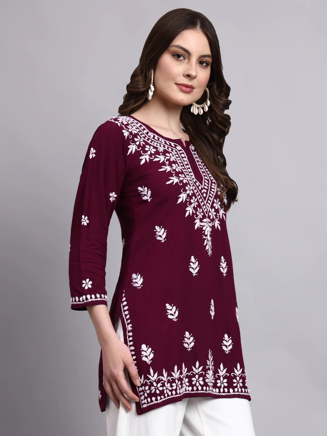 Siara Rayon Chikankari Short Kurta - Wine - Image 5