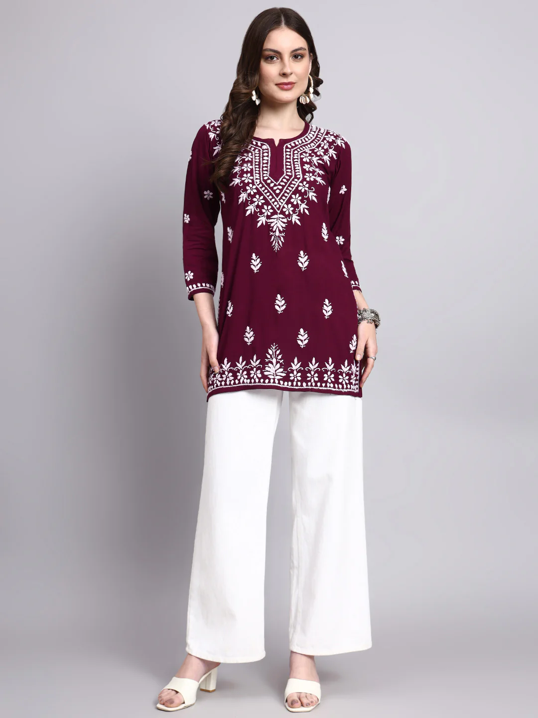 Siara Rayon Chikankari Short Kurta - Wine - Image 7