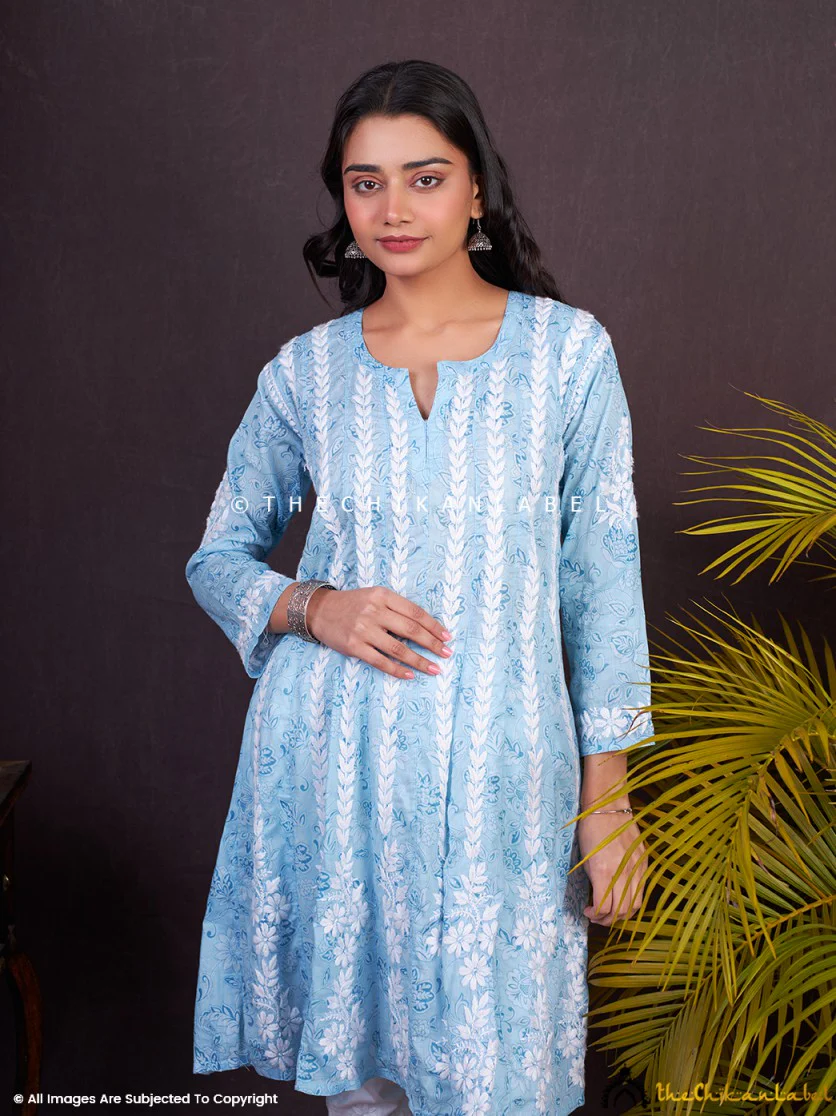 Sky Blue Firosha Mulmul Chikankari Short Anarkali - Image 2