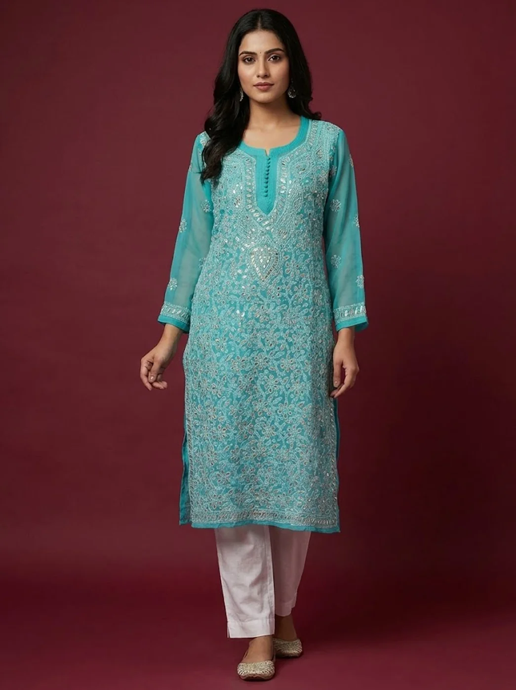 Sky Blue Georgette Chikankari Straight Kurti