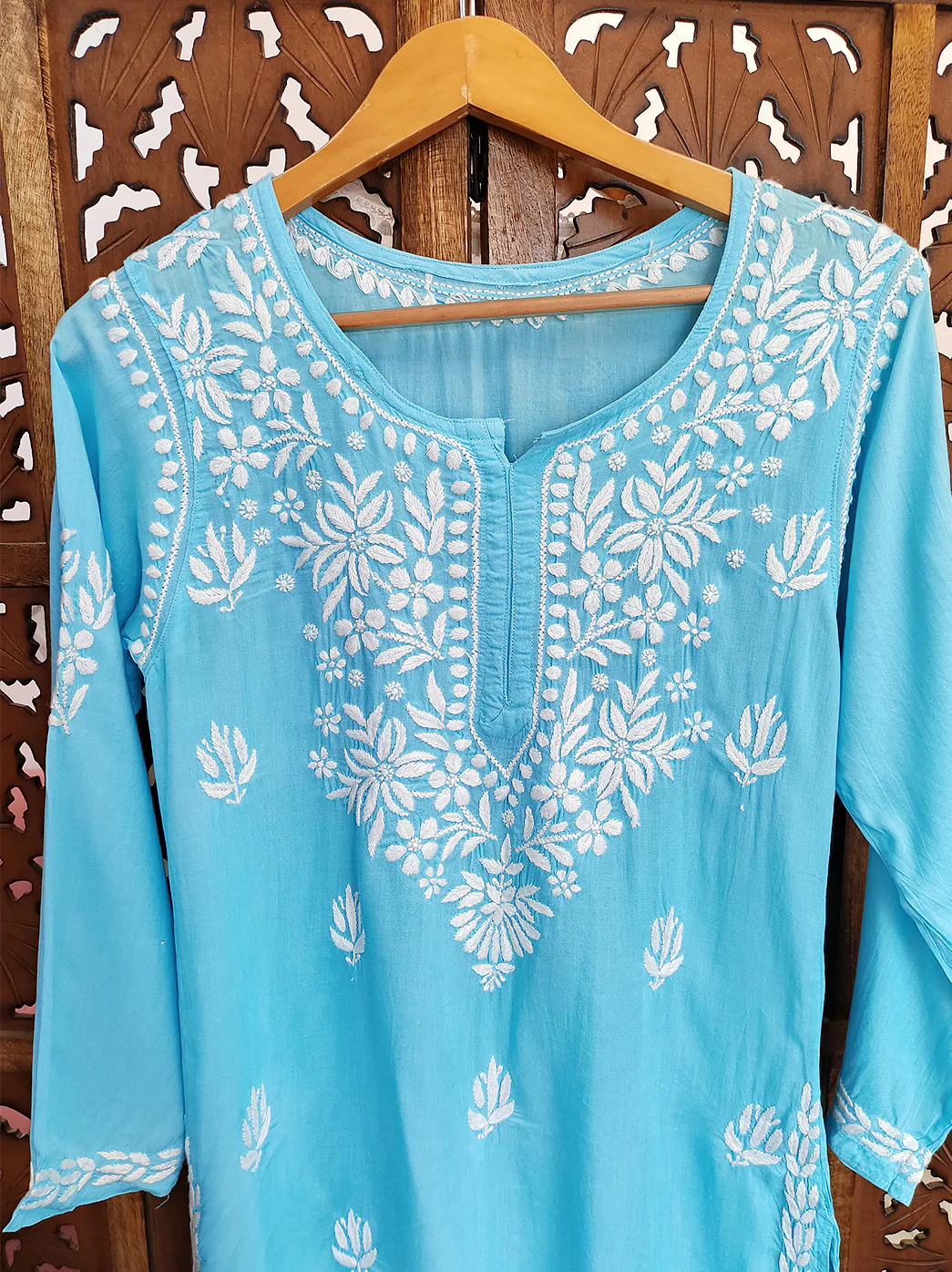 Sky Blue Modal Chikankari Short Top - Image 3