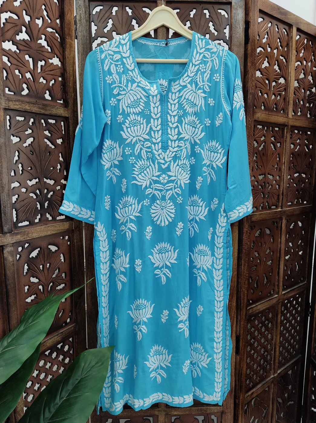 Sky Blue Modal Chikankari Straight Kurti - Image 2