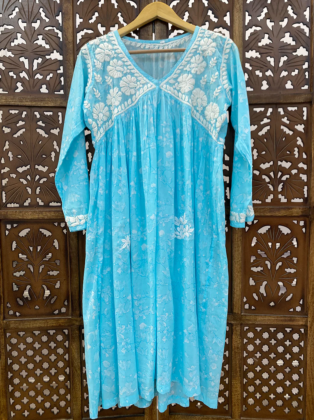 Sky Blue Mulmul Chikankari Anarkali - Image 2