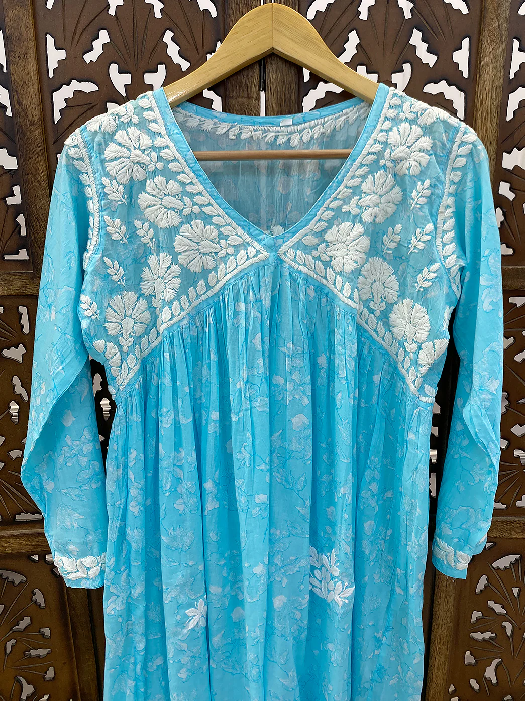 Sky Blue Mulmul Chikankari Anarkali - Image 3