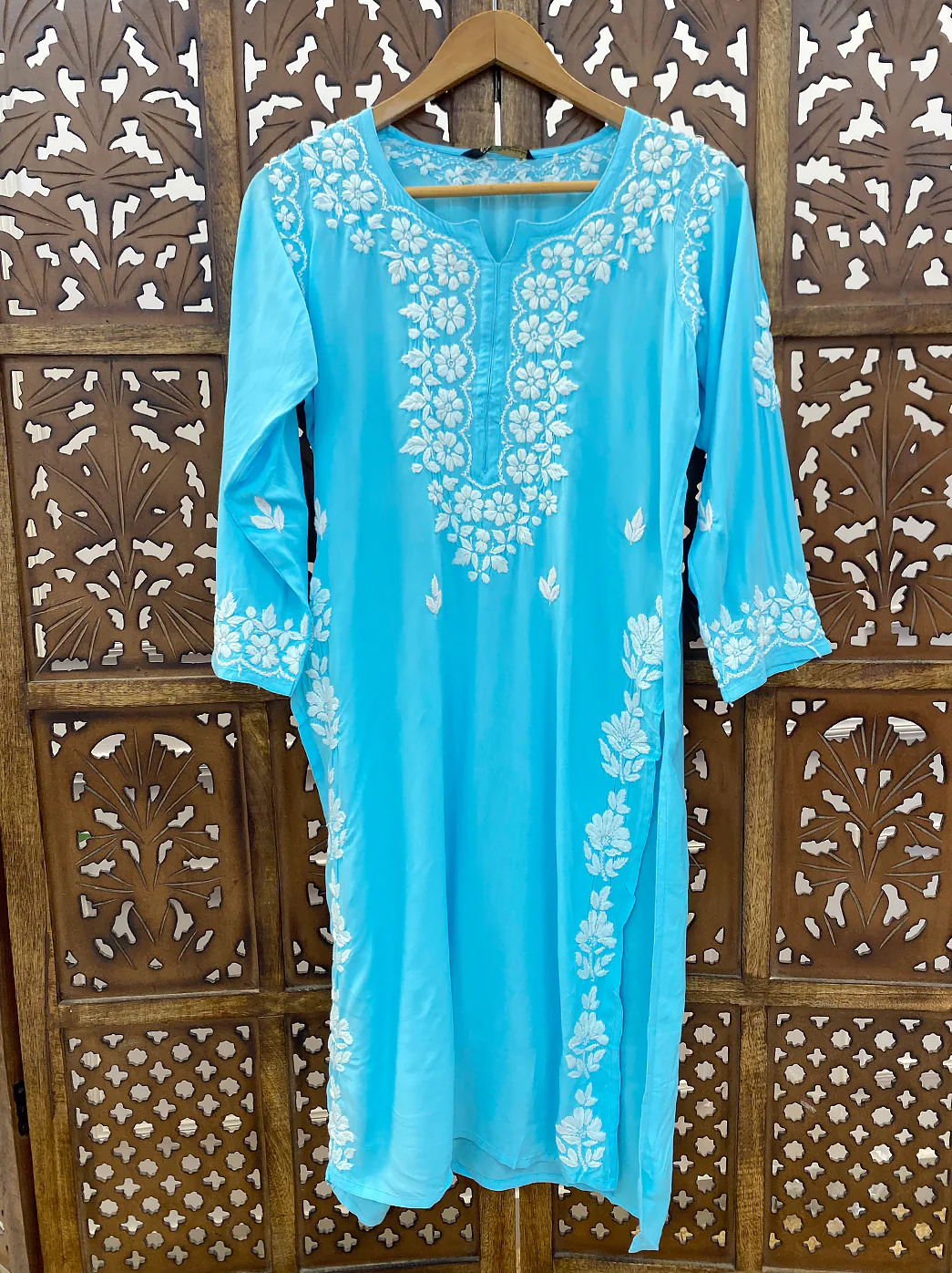 Sky Blue Rayon Chikankari Straight Kurti - Image 2