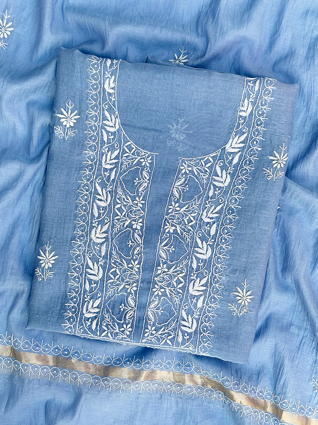 Sofiyana Mul Chanderi Un-stitched Chikankari Kurti Piece with Dupatta - Blue
