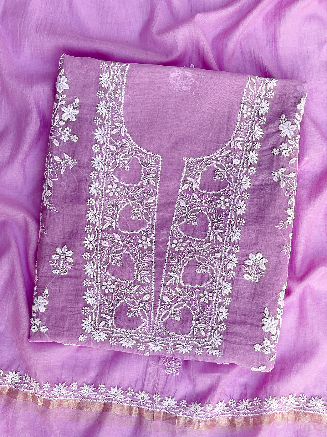 Sofiyana Mul Chanderi Un-stitched Chikankari Kurti Piece with Dupatta - Lilac