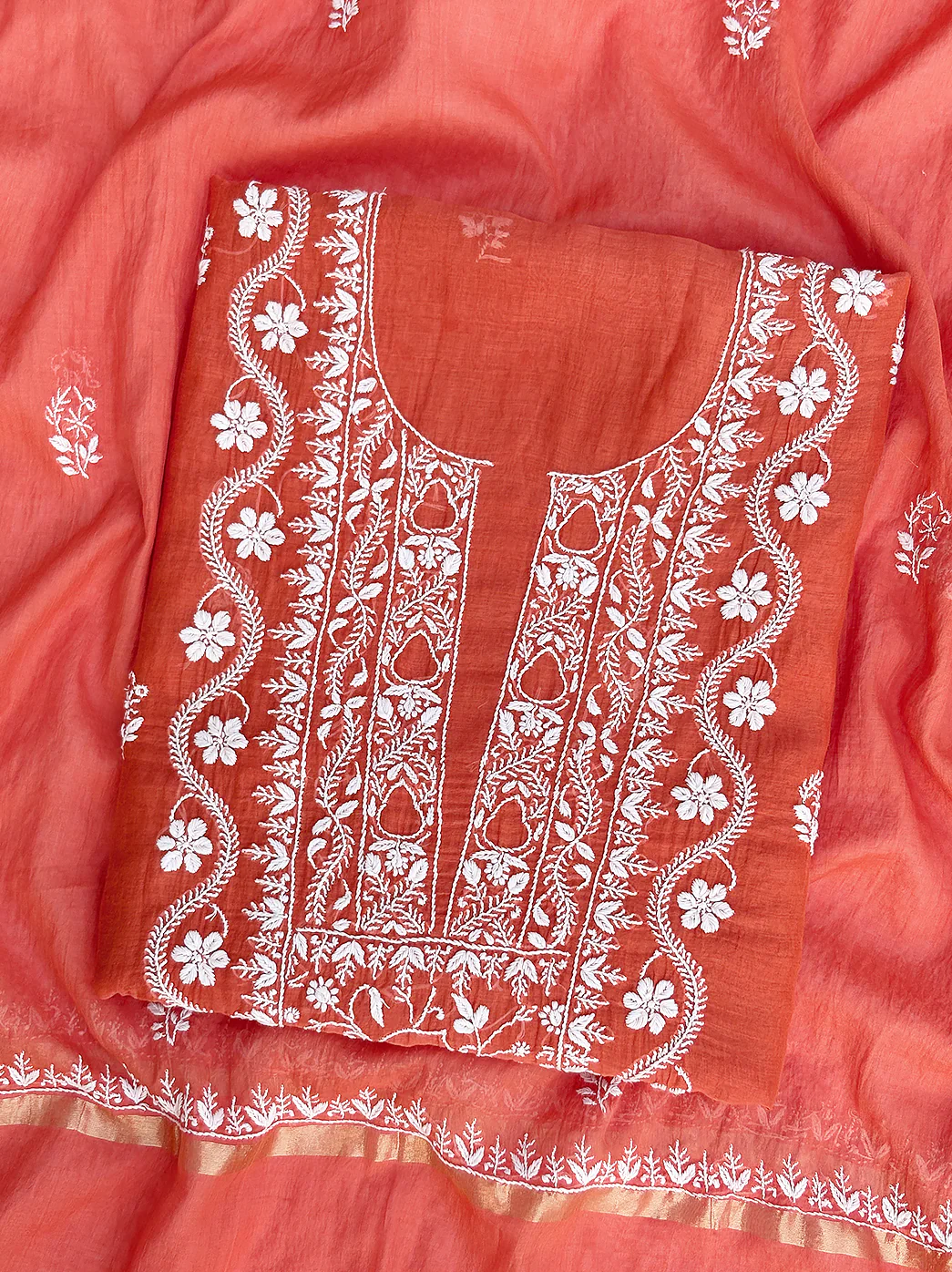 Sofiyana Mul Chanderi Un-stitched Chikankari Kurti Piece with Dupatta - Orange