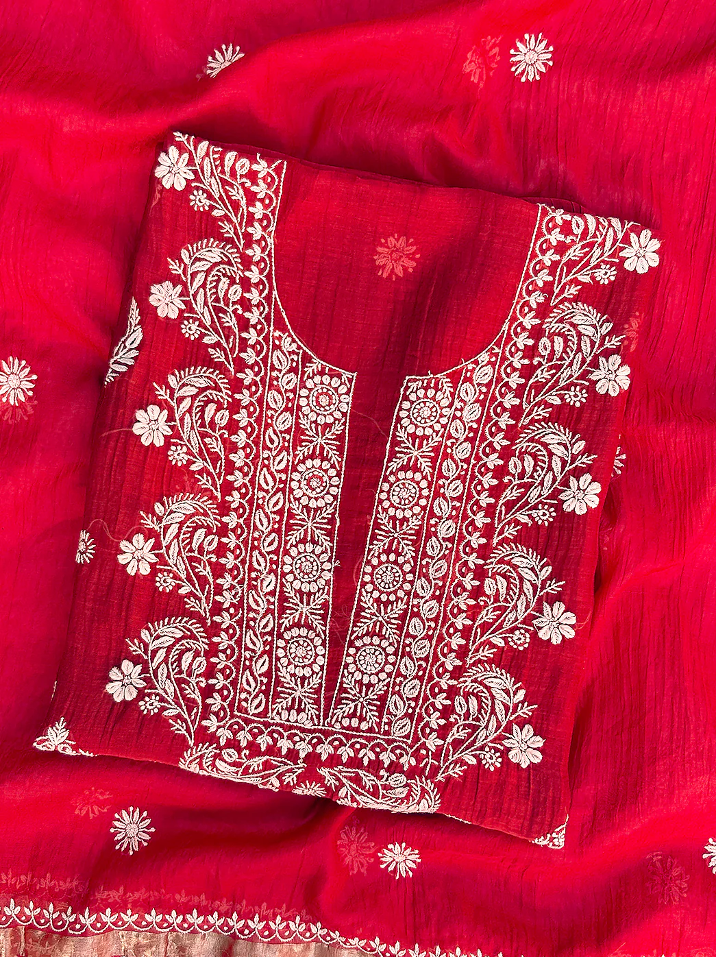 Sofiyana Mul Chanderi Un-stitched Chikankari Kurti Piece with Dupatta - Red