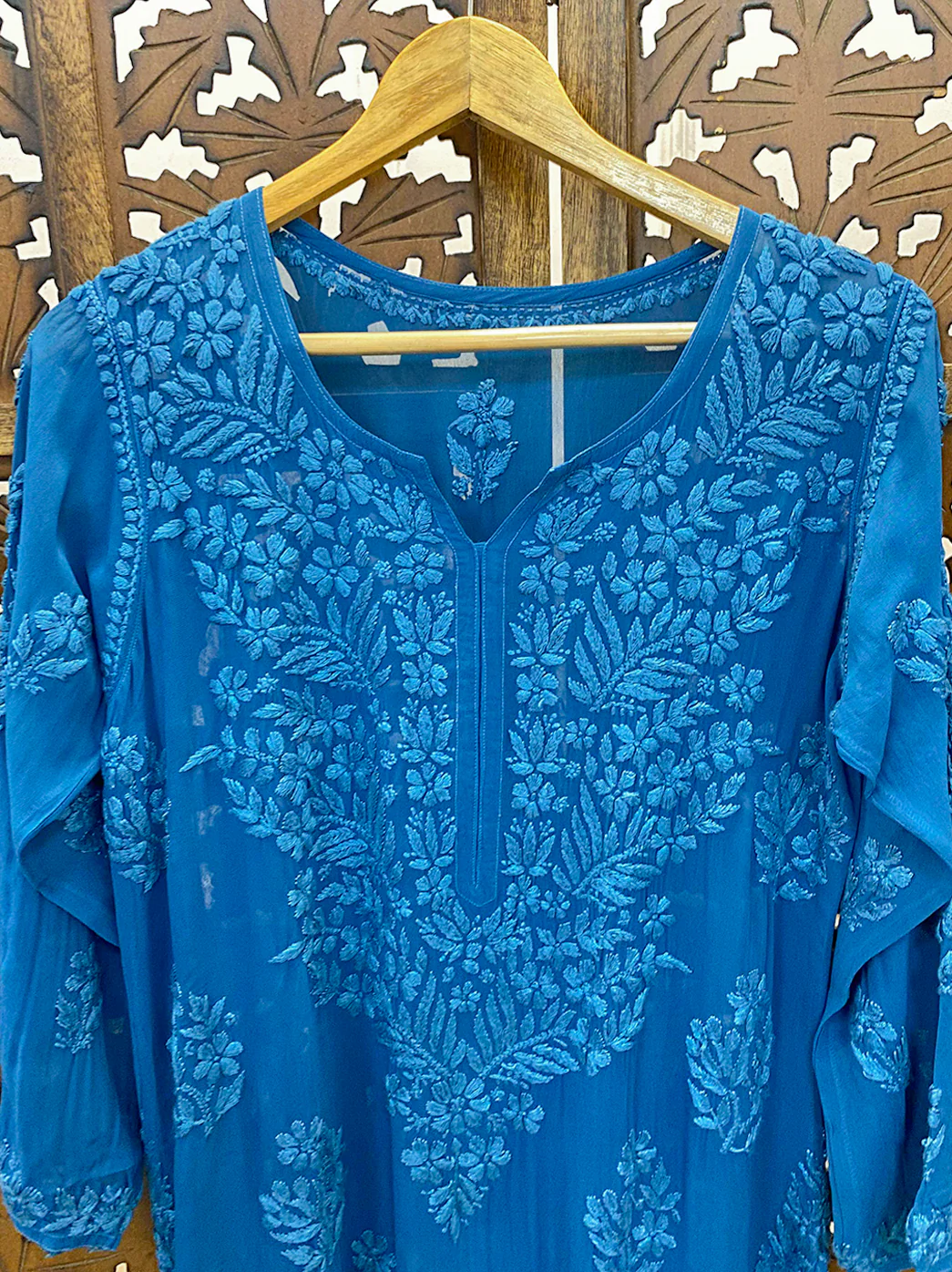 Teal Blue Viscose Chikankari Straight Kurta - Image 3